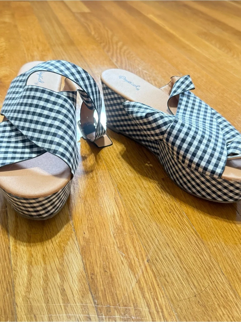 Gingham black white platform wedge heels with buckle strap sandals (size 6)
